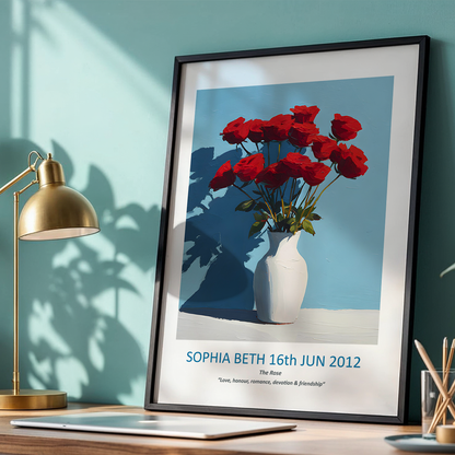 No.18 "June Roses", Personalised, birth month flower, fine art print on museum grade paper in high quality black wooden frame