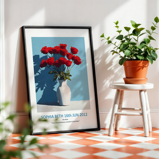 No.18 "June Roses", Personalised, birth month flower, fine art print on museum grade paper in high quality black wooden frame