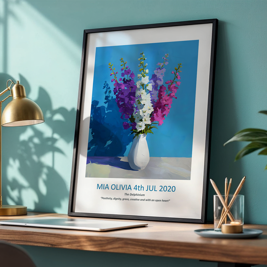 No.19 "July Delphiniums", Personalised, birth month flower, fine art print on museum grade paper in high quality black wooden frame