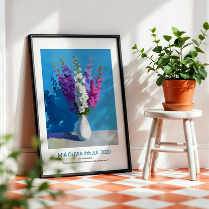 No.19 "July Delphiniums", Personalised, birth month flower, fine art print on museum grade paper in high quality black wooden frame