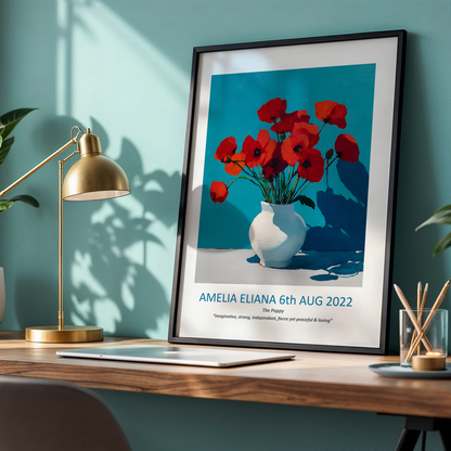 No.20 "August Poppies", Personalised, birth month flower, fine art print on museum grade paper in high quality black wooden frame