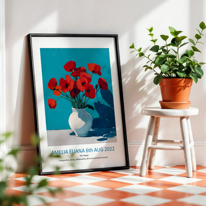 No.20 "August Poppies", Personalised, birth month flower, fine art print on museum grade paper in high quality black wooden frame