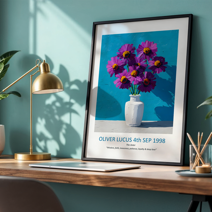 No.21 "September Asters", Personalised, birth month flower, fine art print on museum grade paper in high quality black wooden frame