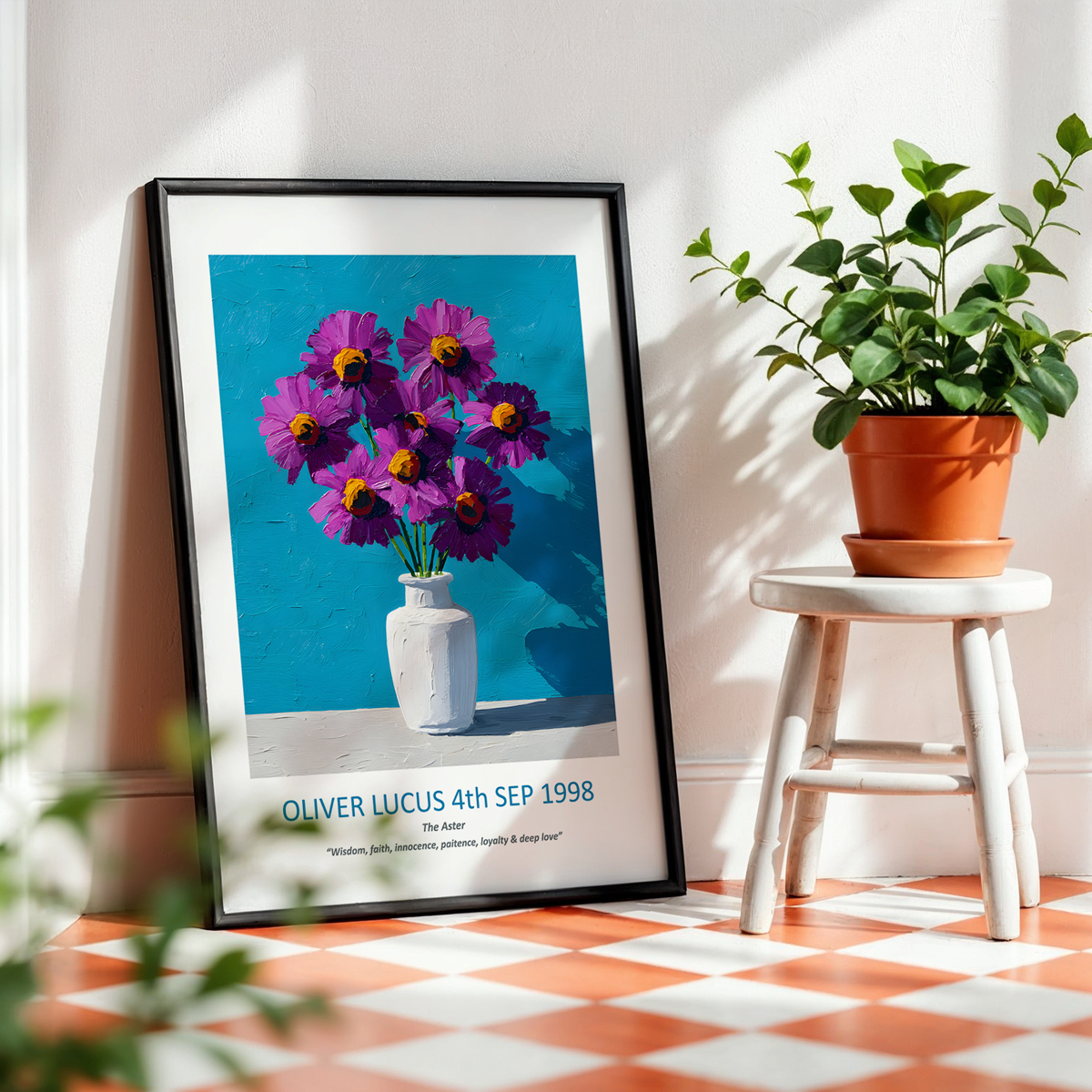 No.21 "September Asters", Personalised, birth month flower, fine art print on museum grade paper in high quality black wooden frame