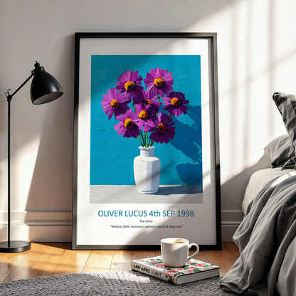 No.21 "September Asters", Personalised, birth month flower, fine art print on museum grade paper in high quality black wooden frame