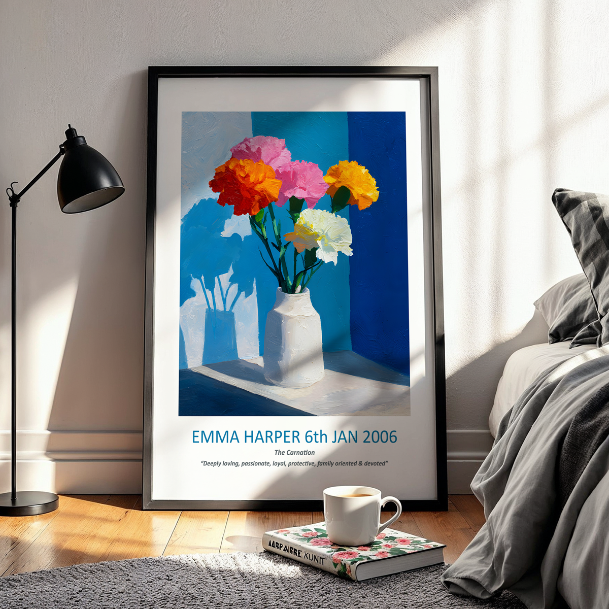 No.13 "January Carnations", Personalised, birth month flower, fine art print on museum grade paper in high quality black wooden frame