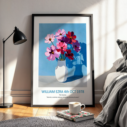 No.22 "October Cosmos", Personalised, birth month flower, fine art print on museum grade paper in high quality black wooden frame