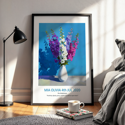 No.19 "July Delphiniums", Personalised, birth month flower, fine art print on museum grade paper in high quality black wooden frame