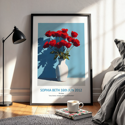 No.18 "June Roses", Personalised, birth month flower, fine art print on museum grade paper in high quality black wooden frame