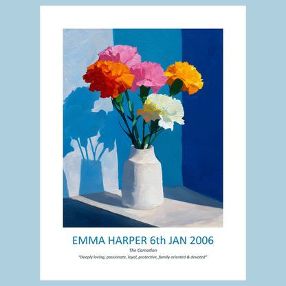 No.01 January Carnations – Personalised Birth Month Flower Fine Art Print on Museum-Quality Paper