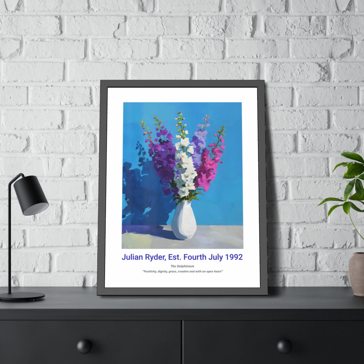 No.19 "July Delphiniums", Personalised, birth month flower, fine art print on museum grade paper in high quality black wooden frame