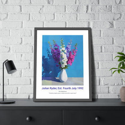 No.19 "July Delphiniums", Personalised, birth month flower, fine art print on museum grade paper in high quality black wooden frame