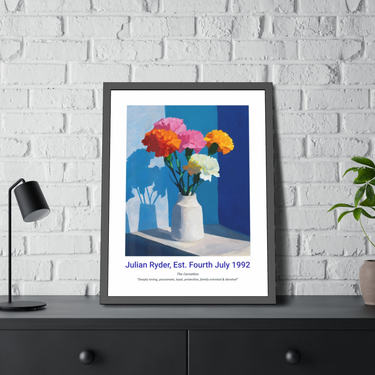 No.13 "January Carnations", Personalised, birth month flower, fine art print on museum grade paper in high quality black wooden frame