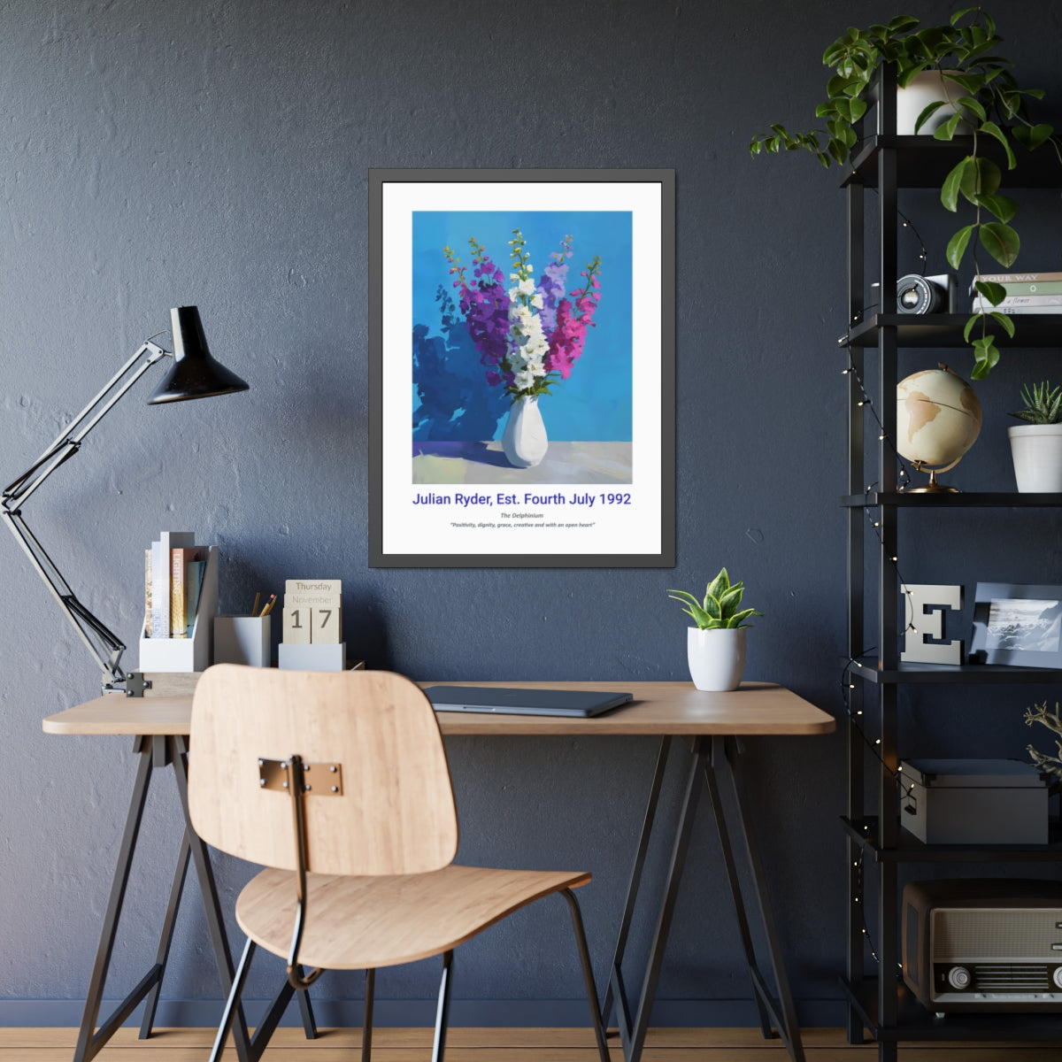 No.19 "July Delphiniums", Personalised, birth month flower, fine art print on museum grade paper in high quality black wooden frame