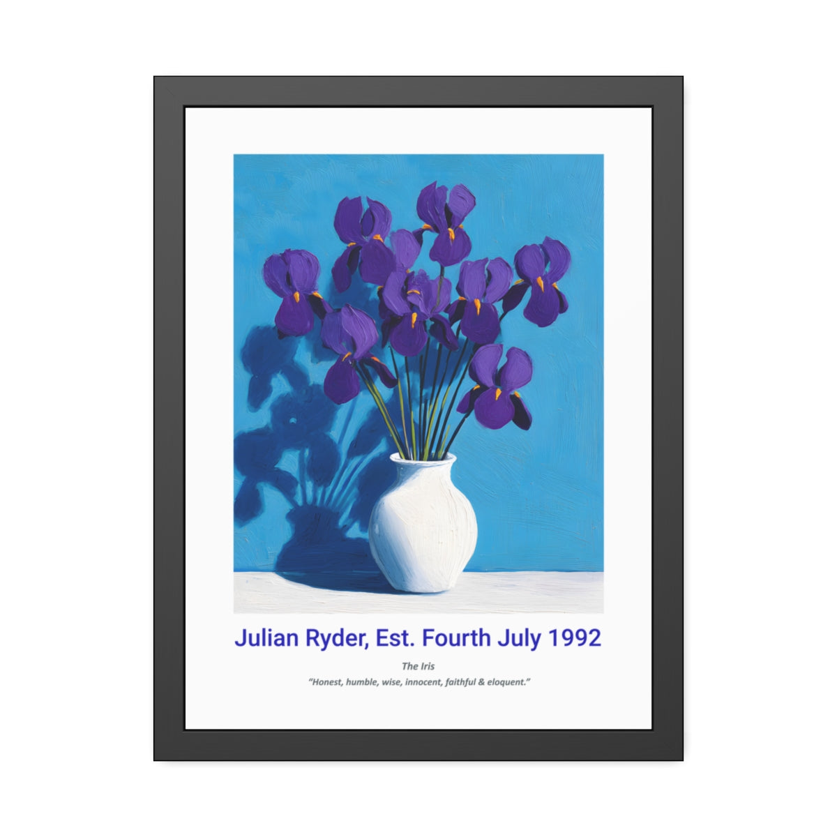 No.14 "February Irises", Personalised, birth month flower, fine art print on museum grade paper in high quality black wooden frame