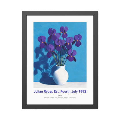 No.14 "February Irises", Personalised, birth month flower, fine art print on museum grade paper in high quality black wooden frame
