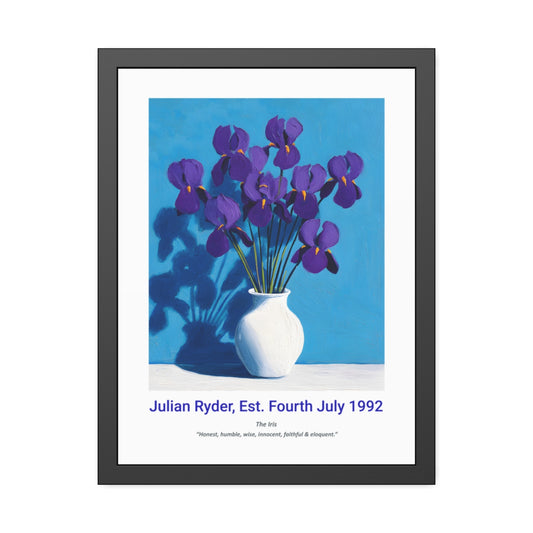 No.14 "February Irises", Personalised, birth month flower, fine art print on museum grade paper in high quality black wooden frame
