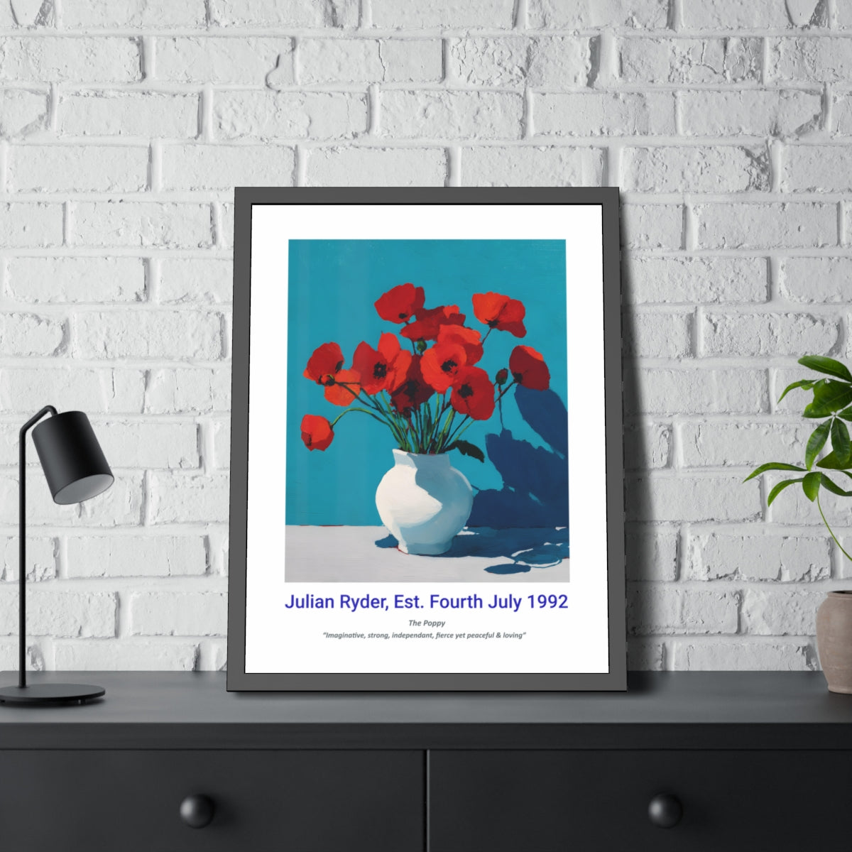 No.20 "August Poppies", Personalised, birth month flower, fine art print on museum grade paper in high quality black wooden frame