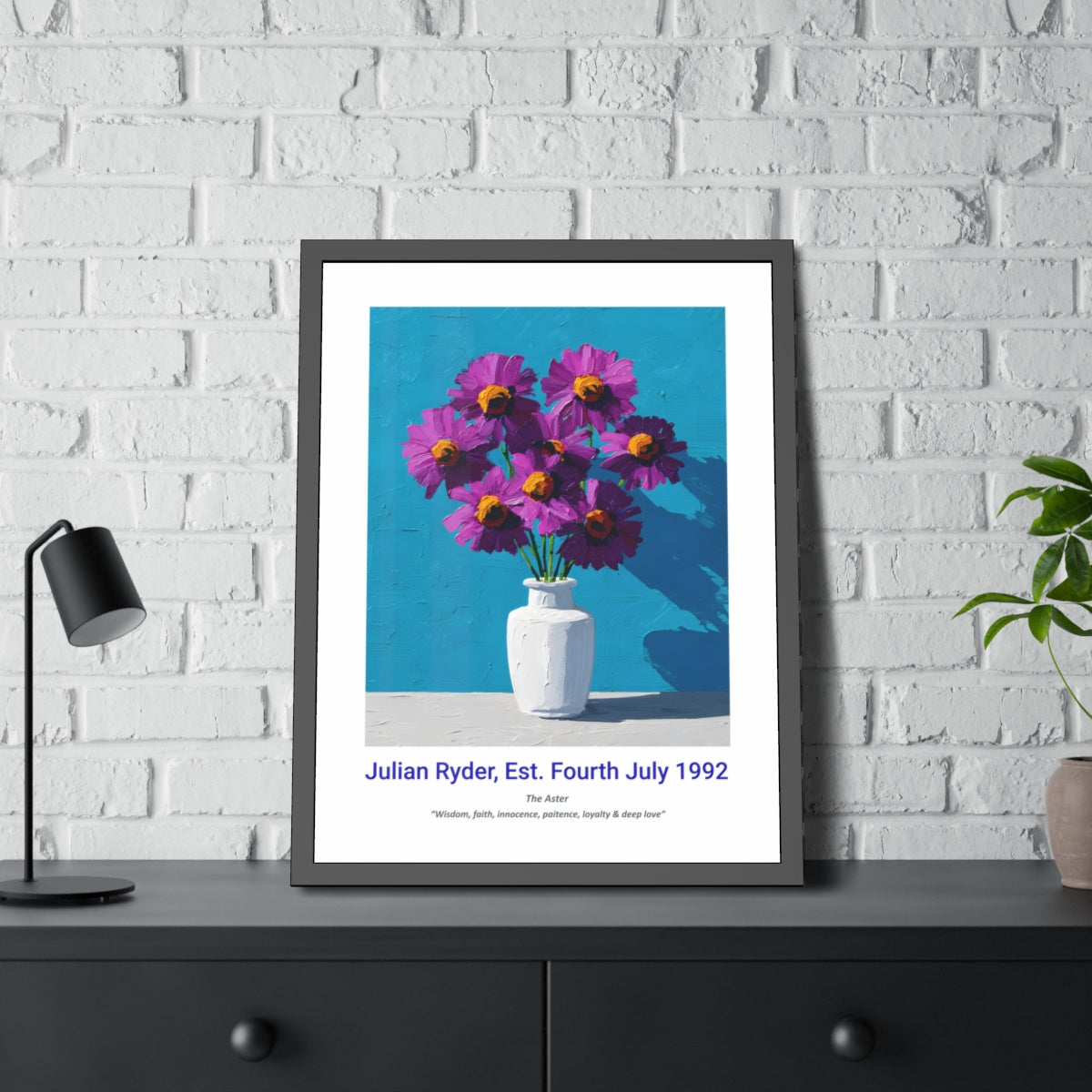 No.21 "September Asters", Personalised, birth month flower, fine art print on museum grade paper in high quality black wooden frame