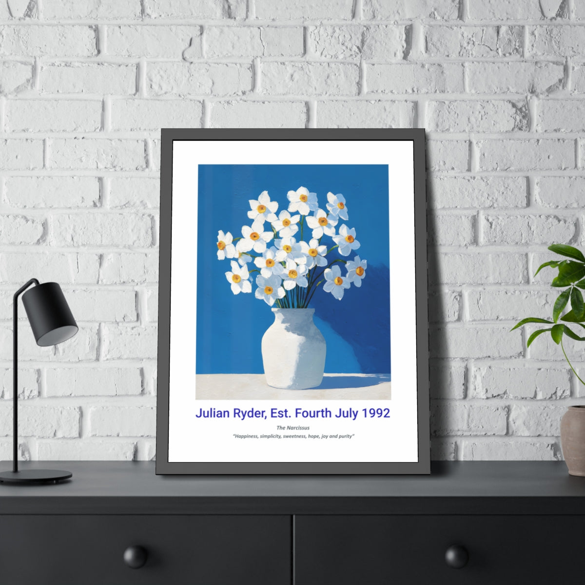 No.24 "December Narcissus", Personalised, birth month flower, fine art print on museum grade paper in high quality black wooden frame