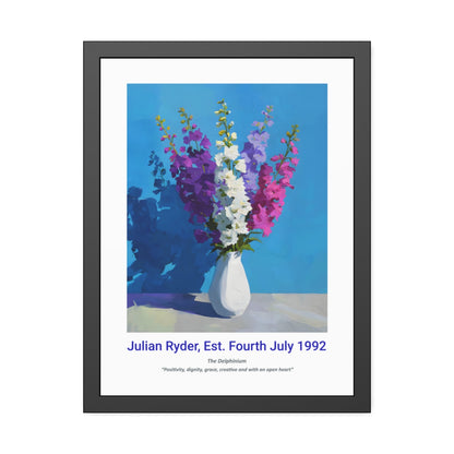 No.19 "July Delphiniums", Personalised, birth month flower, fine art print on museum grade paper in high quality black wooden frame