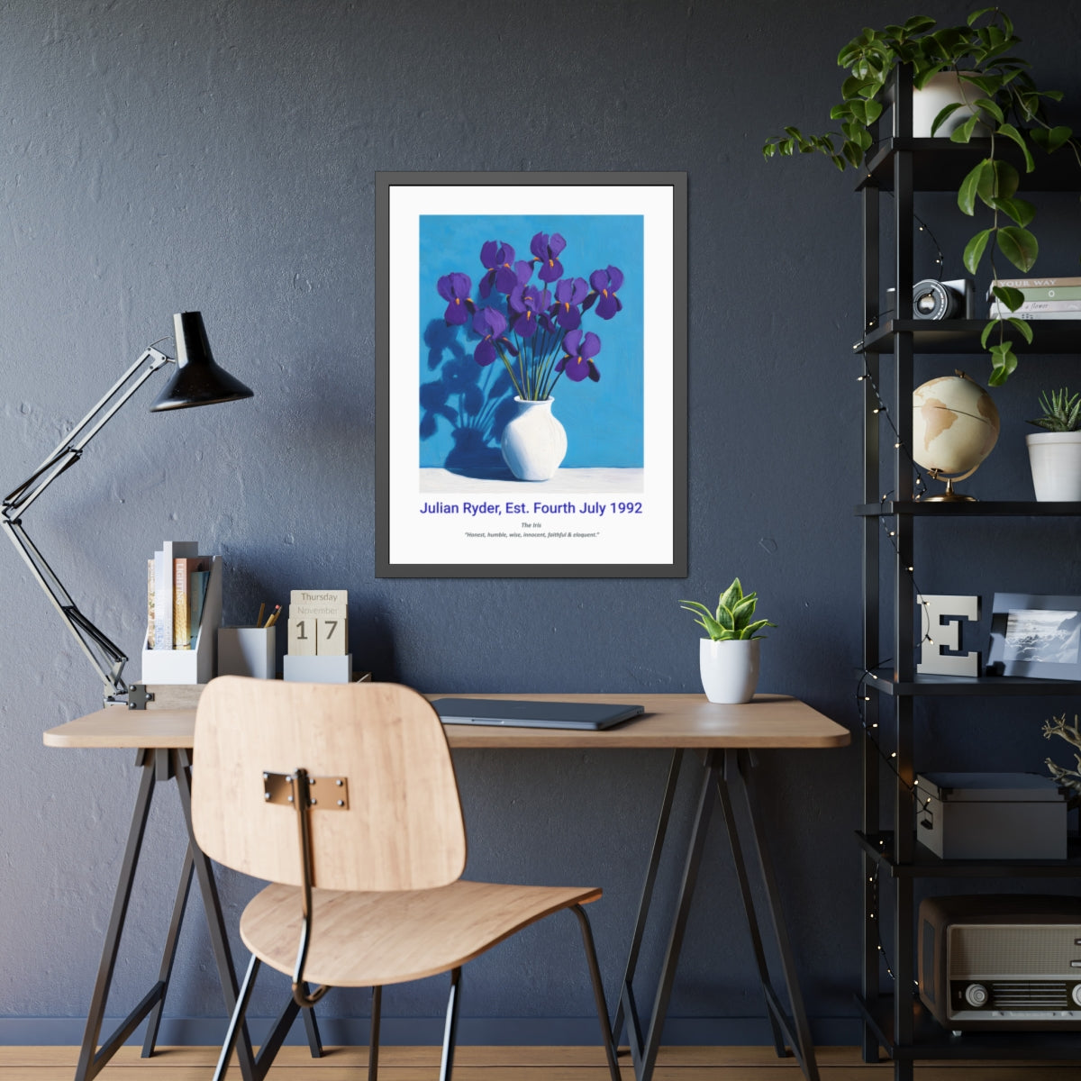 No.14 "February Irises", Personalised, birth month flower, fine art print on museum grade paper in high quality black wooden frame