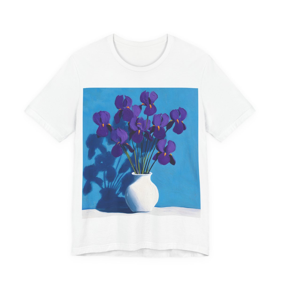 No.62 February Irises Birth Flower T-Shirt – Premium Fine Art Tee with YOUR Personalized Quote on Back
