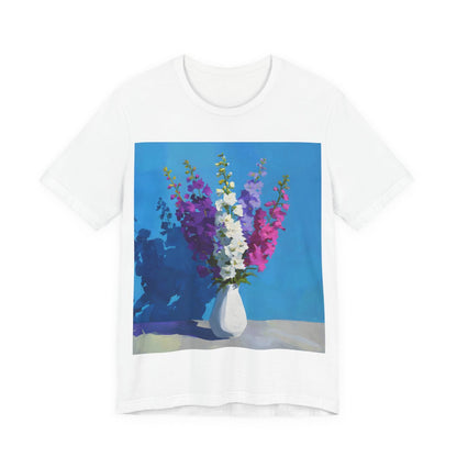 No.67 July Delphiniums Birth Flower T-Shirt – Premium Fine Art Tee with YOUR Personalized Quote on Back