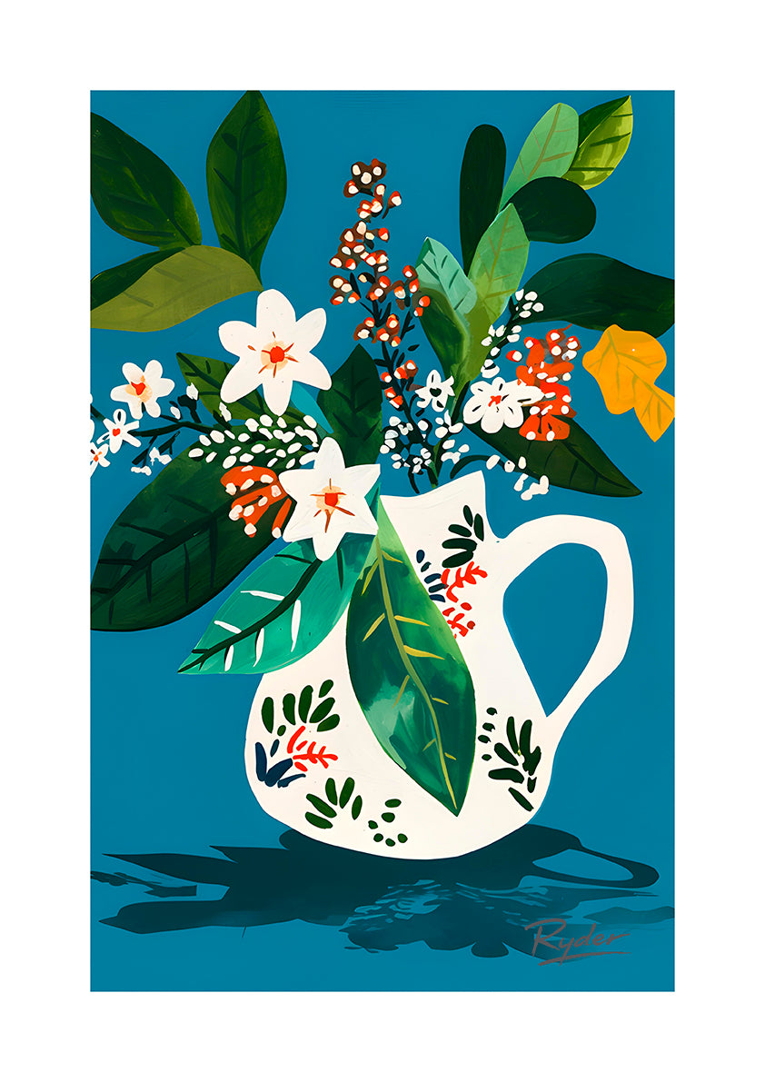 Scandi Scottish Highlands Floral Art Print – Dark Vivid Botanicals in Jug No.2