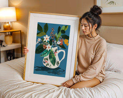 Scandi Scottish Highlands Floral Art Print – Dark Vivid Botanicals in Jug No.2
