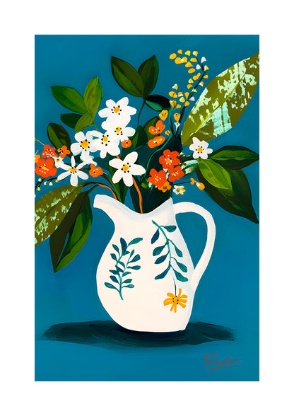 Scandi Scottish Highlands Floral Art Print – Dark Vivid Botanicals in Jug No.4